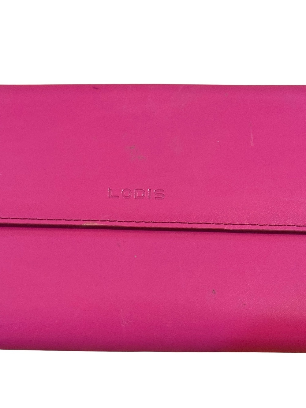 Lodis Bright Fuchsia Leather Flap Clutch with Subtle Embossed Logo - Picture 2 of 7